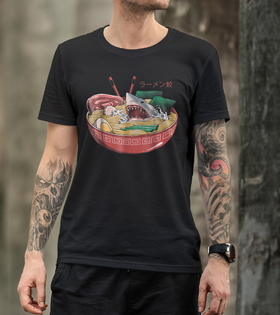 Ramen Shark Noodle Bowl Kaiju Monster Comic T-Shirt
