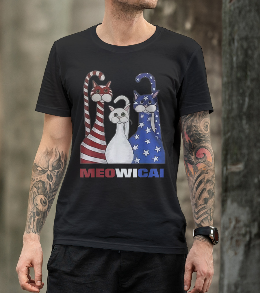 MEOWICA Red White Blue Cat American Flag Patriotic T-Shirt