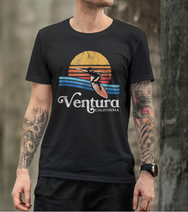 Ventura California Retro Eighties Surfer Beach Bum Vintage Sunset Waves T-Shirt