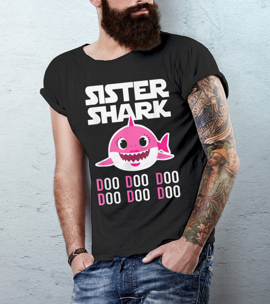 Sister Shark Doo Doo Doo Pink Cartoon T-Shirt