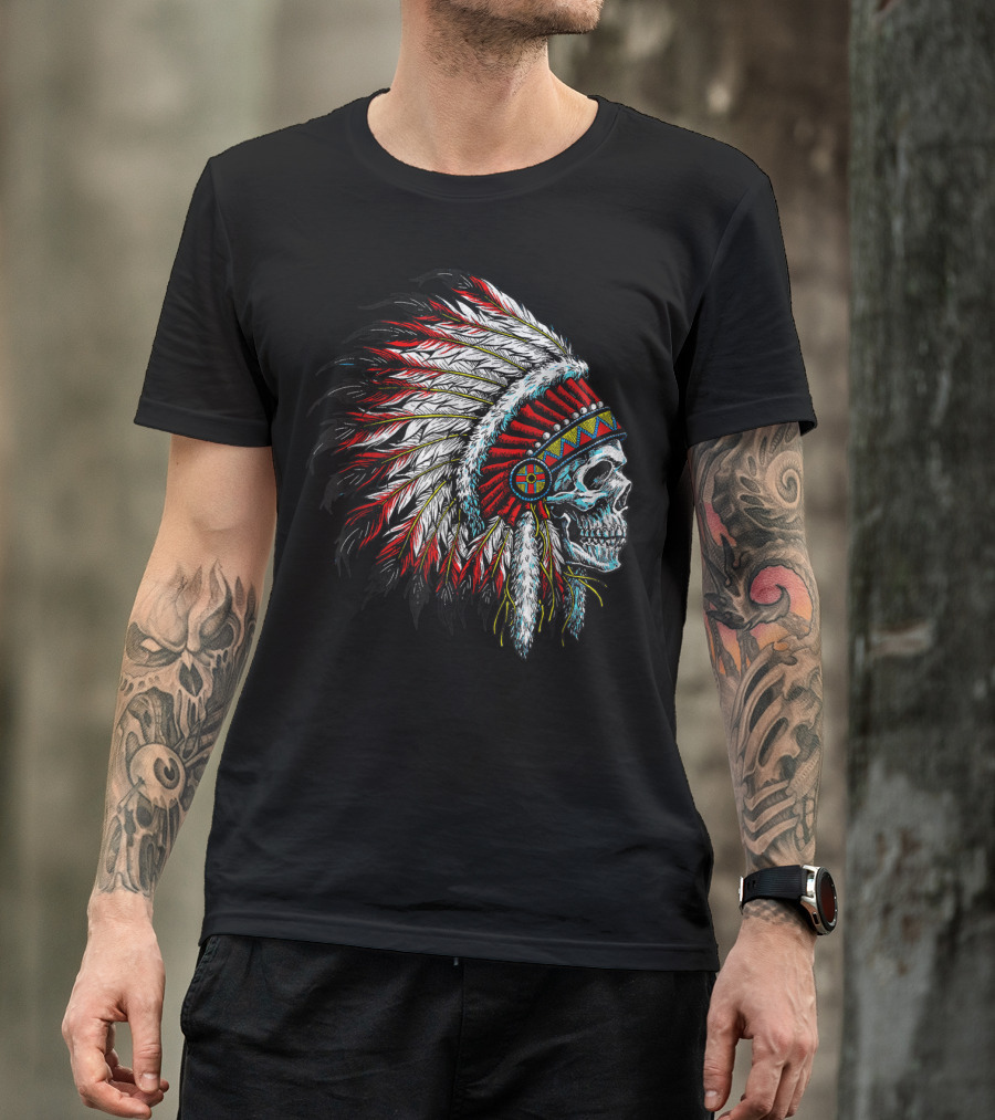 Skull Native Indian Chief Eagle Feather Headdress Vintage American T-Shirt