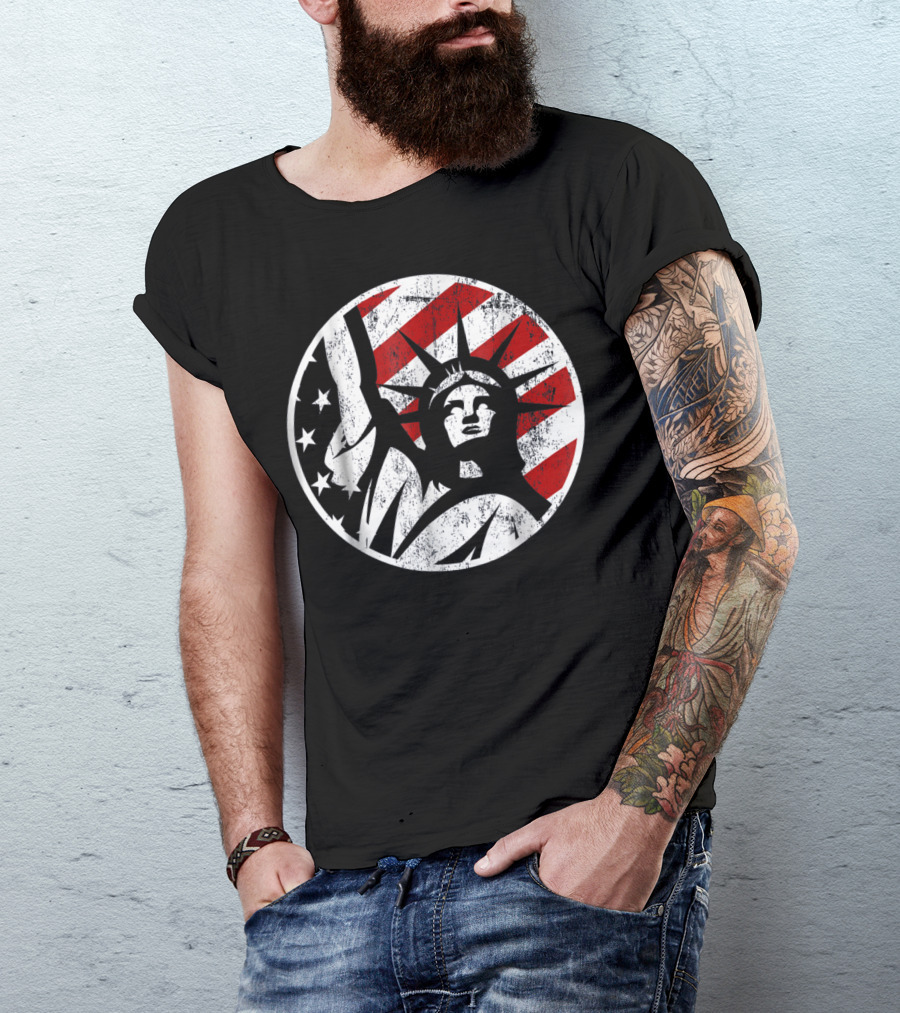 Statue Of Liberty NYC American Flag Circle Stars Stripes T-Shirt