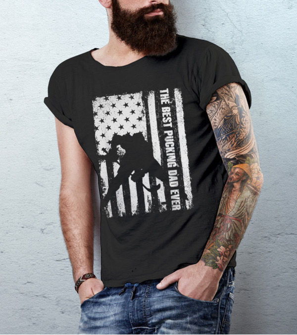 The Best Pucking Dad Ever Flag Hockey Silhouette Stars Stripes T-Shirt