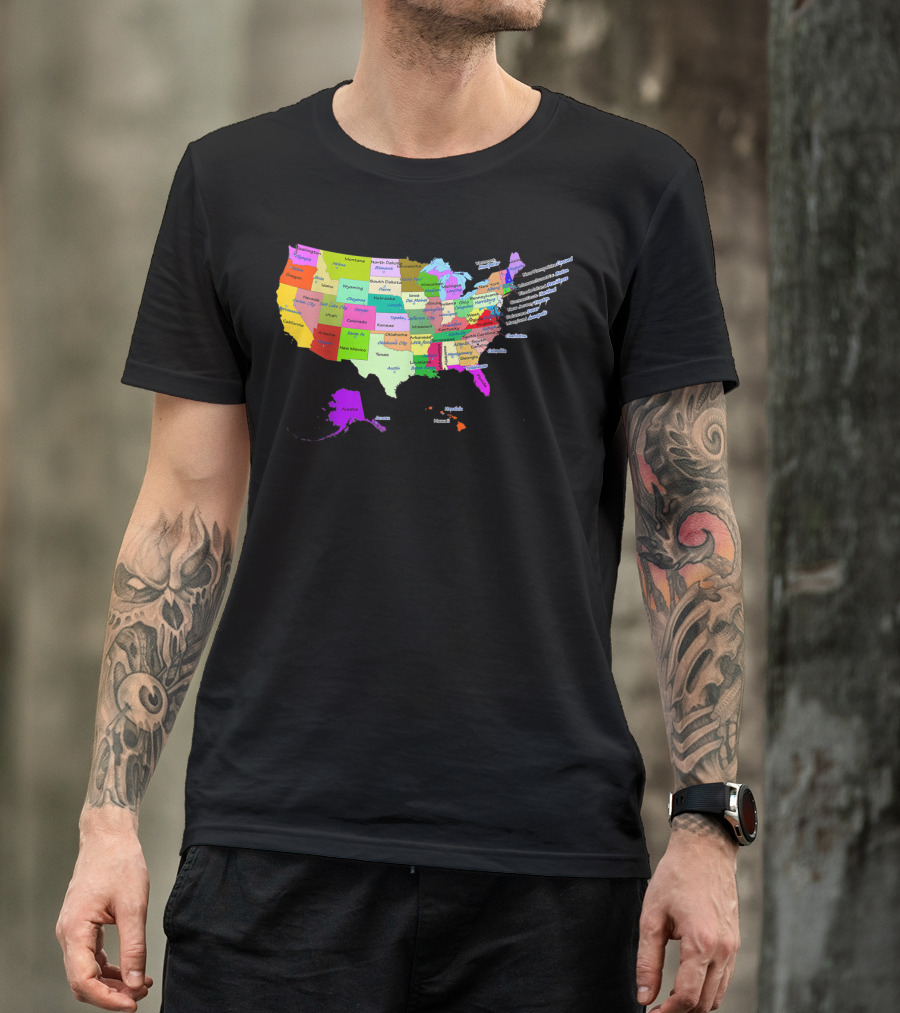 USA Map Displaying States And Capital Cities In Vibrant Colors T-Shirt