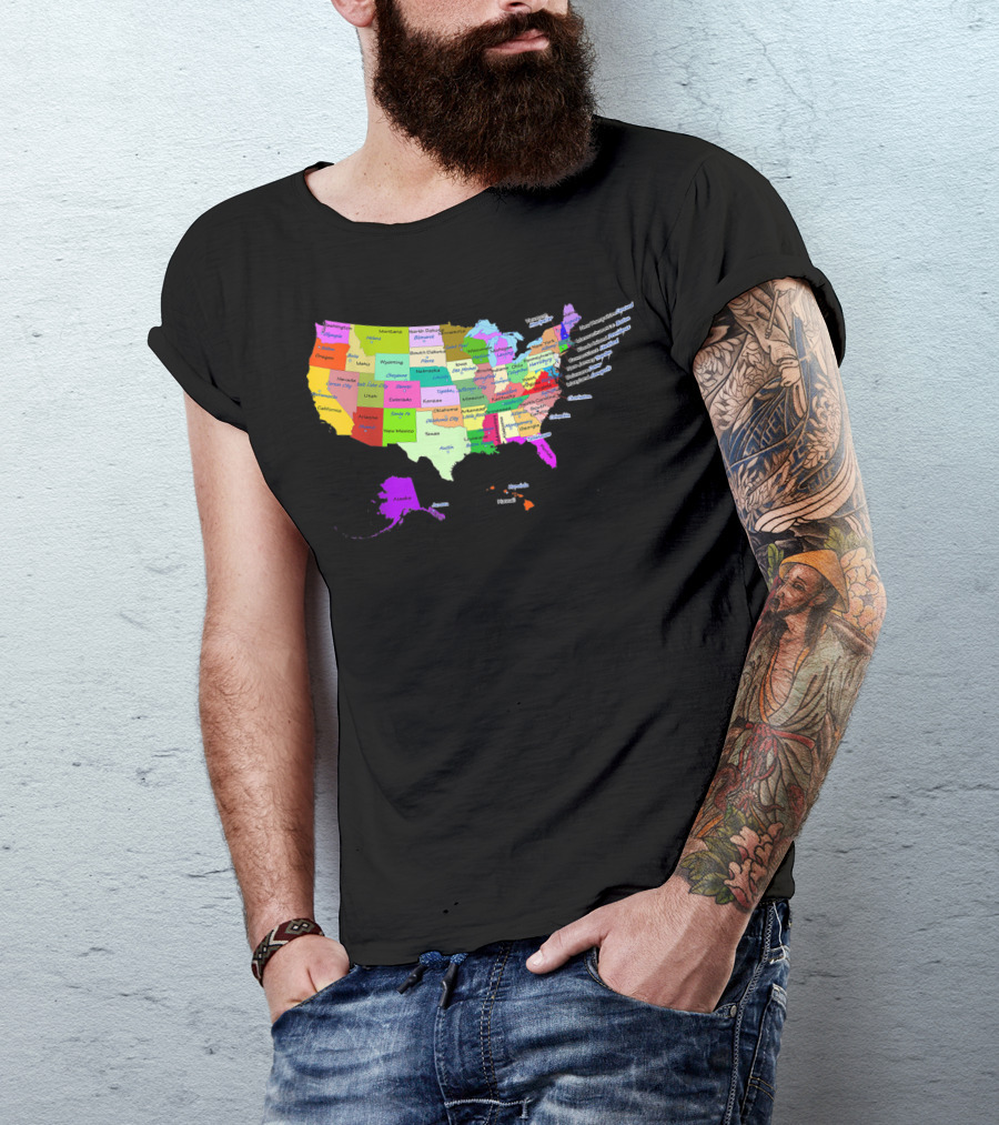 USA Map Displaying States And Capital Cities In Vibrant Colors T-Shirt