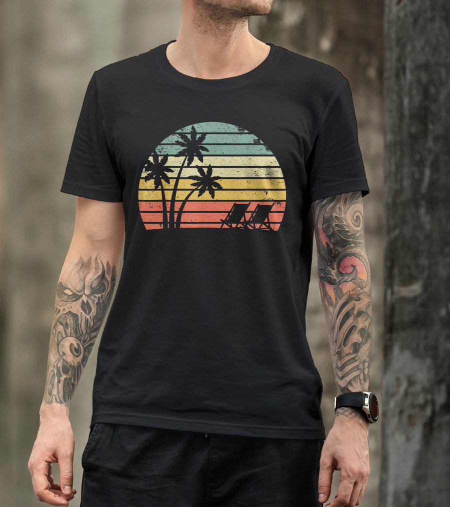 Retro Sunset Palm Trees With Beach Chair T-Shirt
