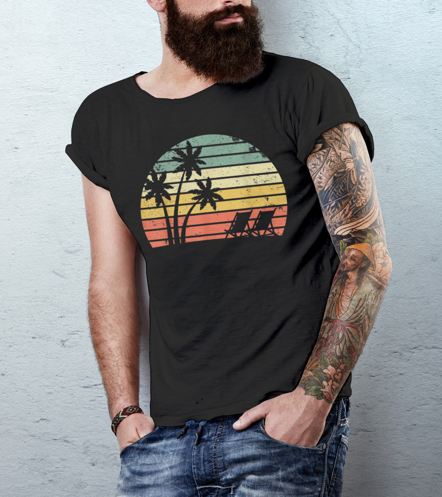 Retro Sunset Palm Trees With Beach Chair T-Shirt