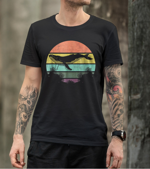 Vintage Humpback Whale Sunset Stripes T-Shirt