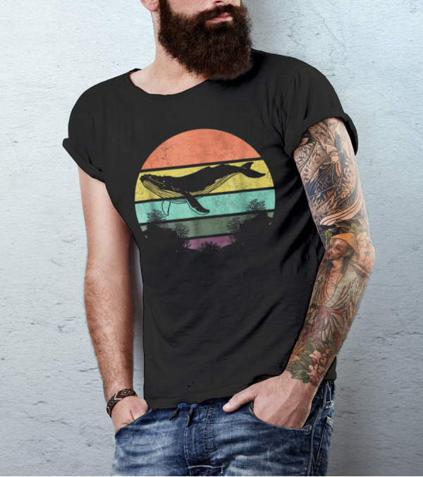 Vintage Humpback Whale Sunset Stripes T-Shirt