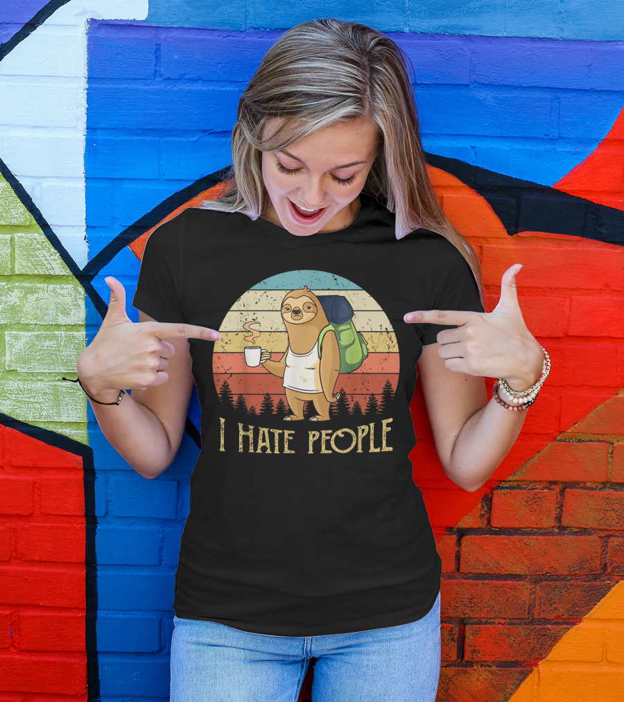 Vintage I Hate People Sloth Camping With Coffee And Backpack Retro Sunset Stripes T-Shirt