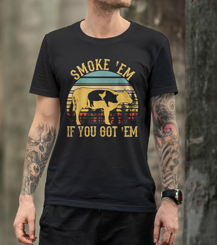 Smoke 'Em If You Got 'Em Vintage BBQ Grilling Cow Silhouette Retro Sunset T-Shirt