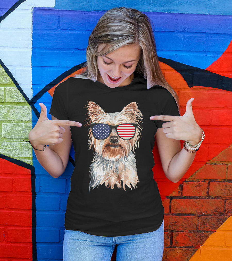 Yorkie Dog With American Flag Sunglasses Patriotic T-Shirt