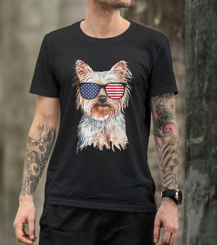 Yorkie Dog With American Flag Sunglasses Patriotic T-Shirt