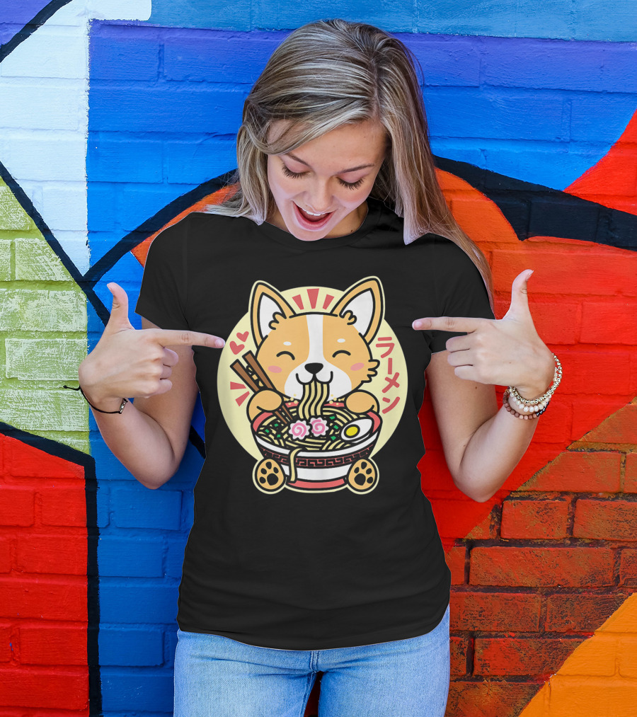 Kawaii Corgi Ramen Cute Anime Dog Japanese Noodles T-Shirt