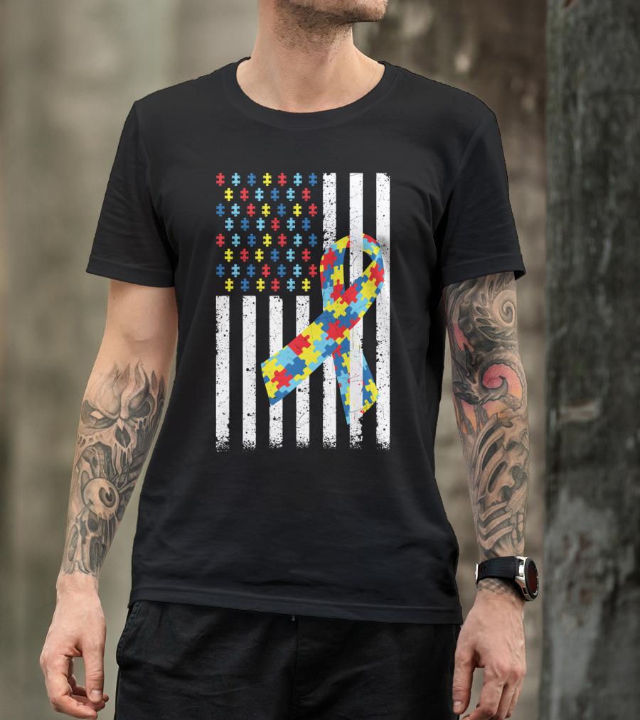 American Flag Jigsaw Puzzle Ribbon Autism Awareness T-Shirt