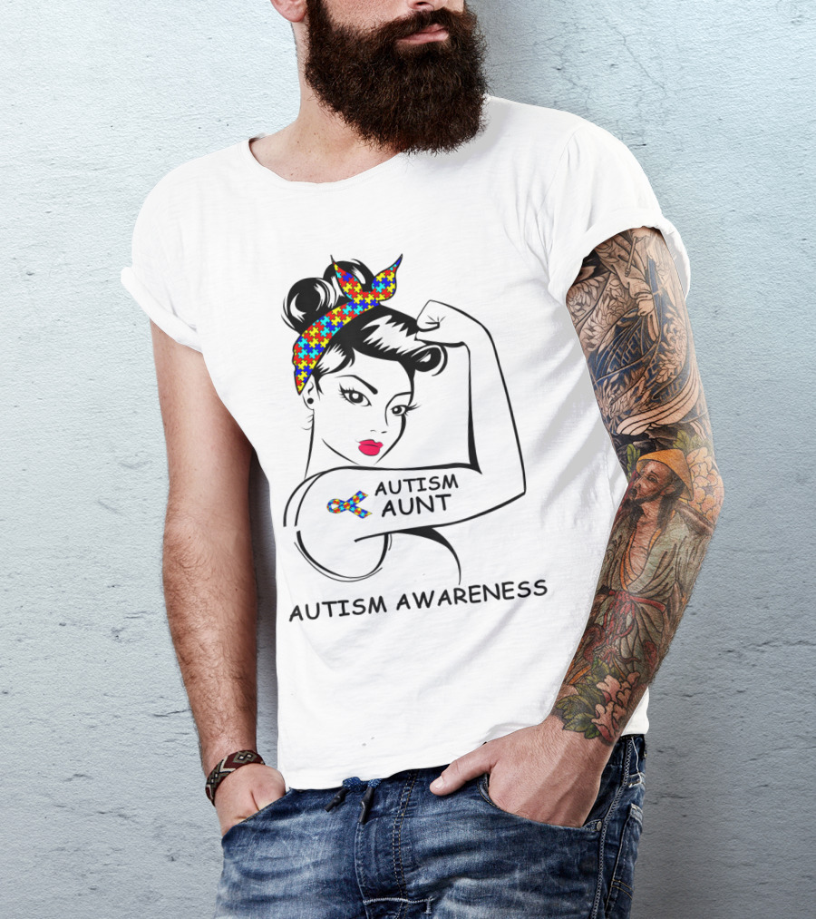 Autism Aunt Awareness Strong Puzzle Ribbon Rosie T-Shirt