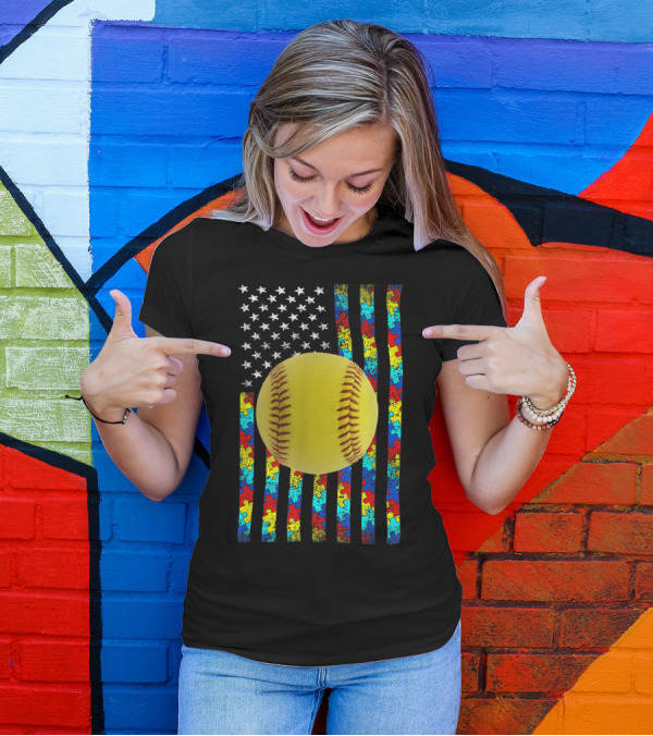 Autism Awareness American Flag Softball Puzzle Piece Stripes T-Shirt