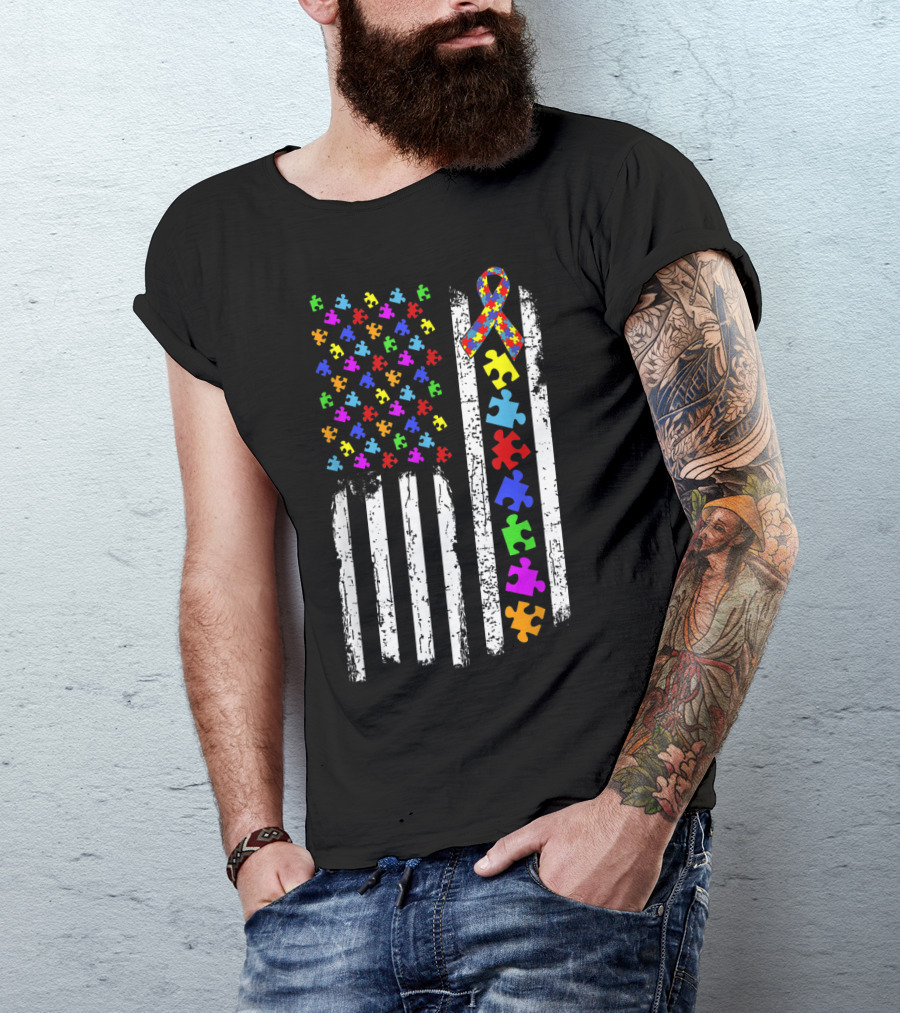 Autism Awareness Puzzle Piece Ribbon American Flag T-Shirt