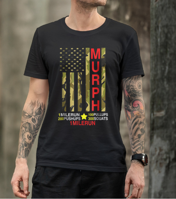 Murph Challenge Memorial Day Workout 1 Mile Run 100 Pullups 200 Pushups 300 Squats Camo Flag T-Shirt