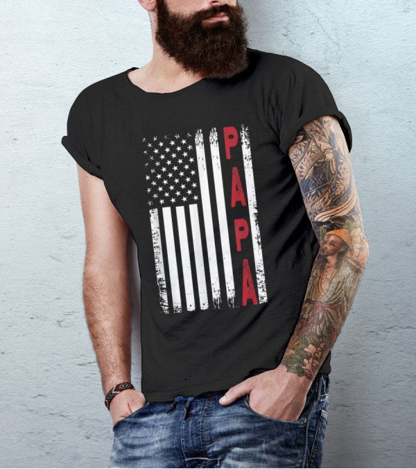 Papa Vertical Red Letters American Flag T-Shirt