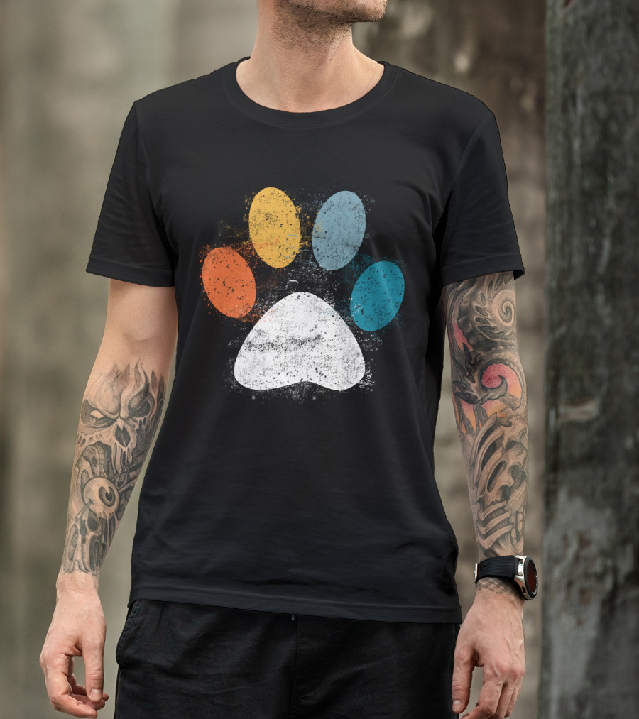 Vintage Distressed Multi-Color Dog Paw Print Love T-Shirt