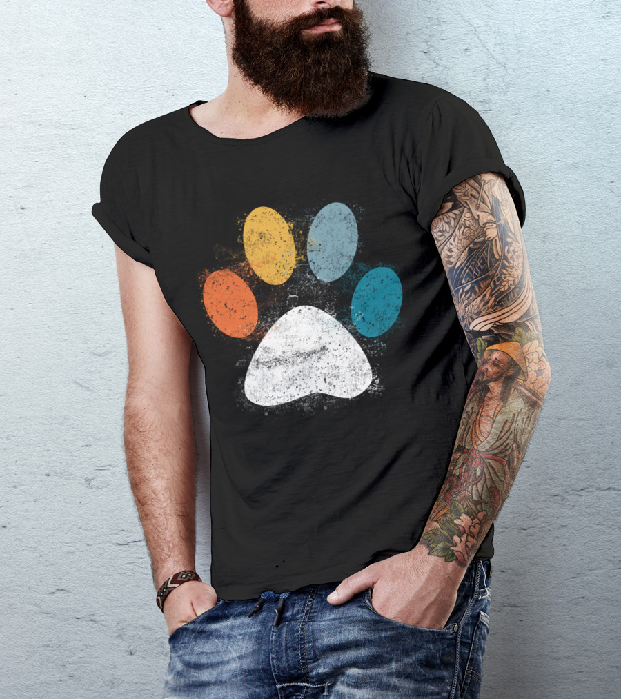Vintage Distressed Multi-Color Dog Paw Print Love T-Shirt