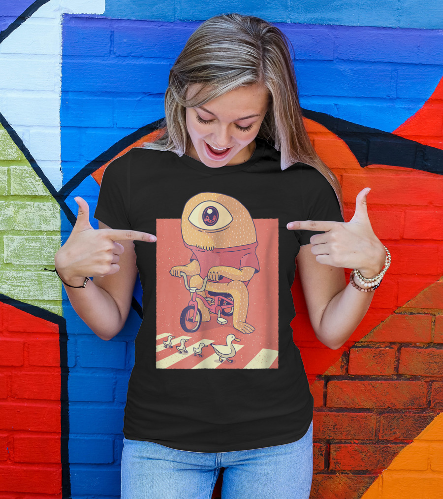 Vintage Japanese Cyclops Riding Bicycle With Ducklings Crossing T-Shirt