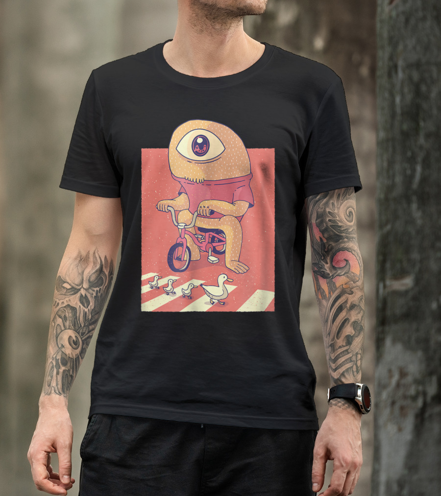 Vintage Japanese Cyclops Riding Bicycle With Ducklings Crossing T-Shirt
