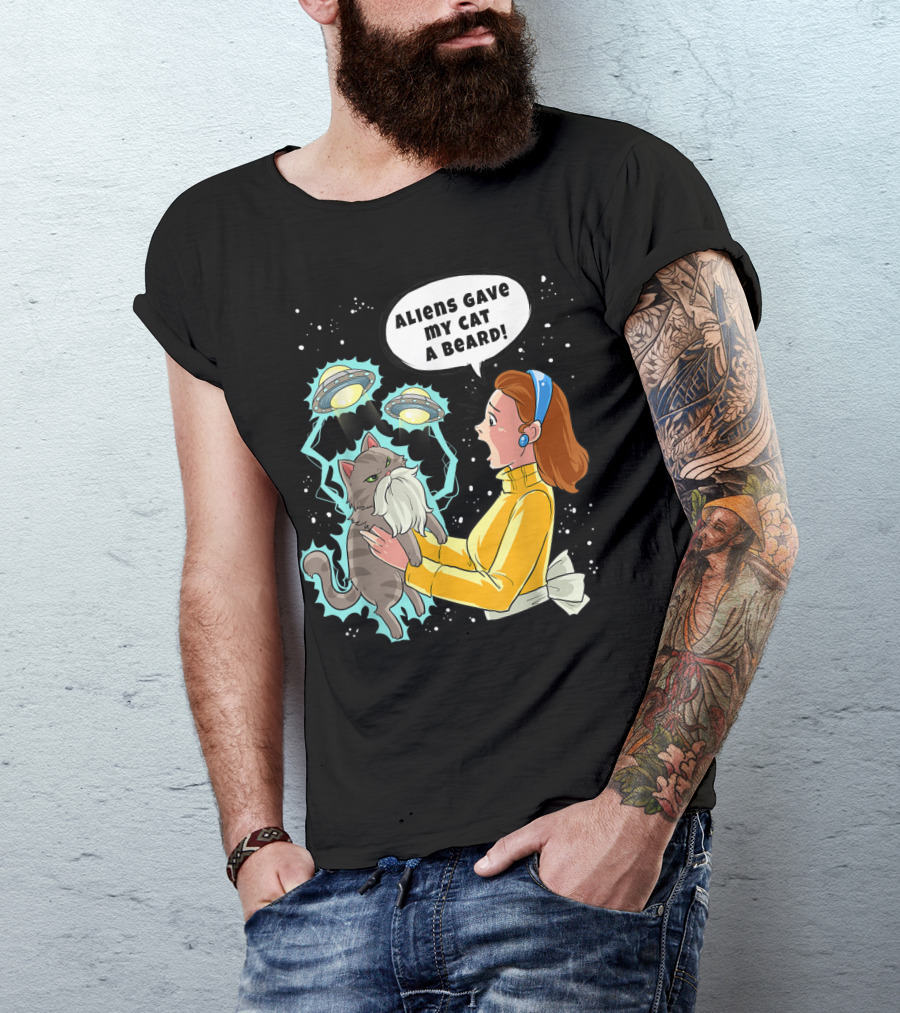 Aliens Gave My Cat A Beard UFO Encounter With Surprised Woman In Space T-Shirt