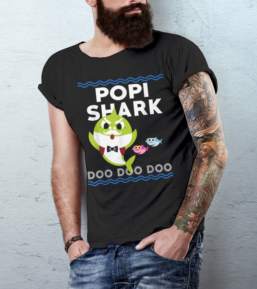 Popi Shark Doo Doo Doo Mustached Bowtie Shark With Cute Colorful Fish T-Shirt
