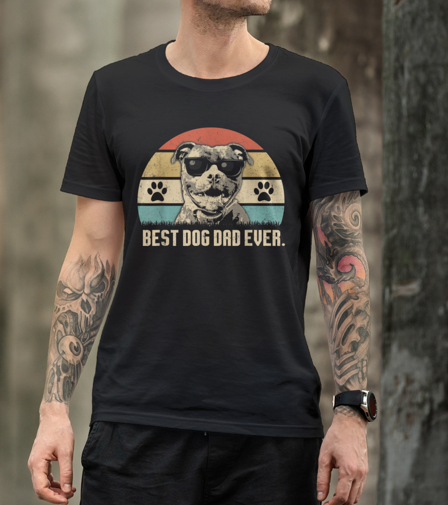 Vintage Best Dog Dad Ever Pitbull With Sunglasses And Paw Prints T-Shirt