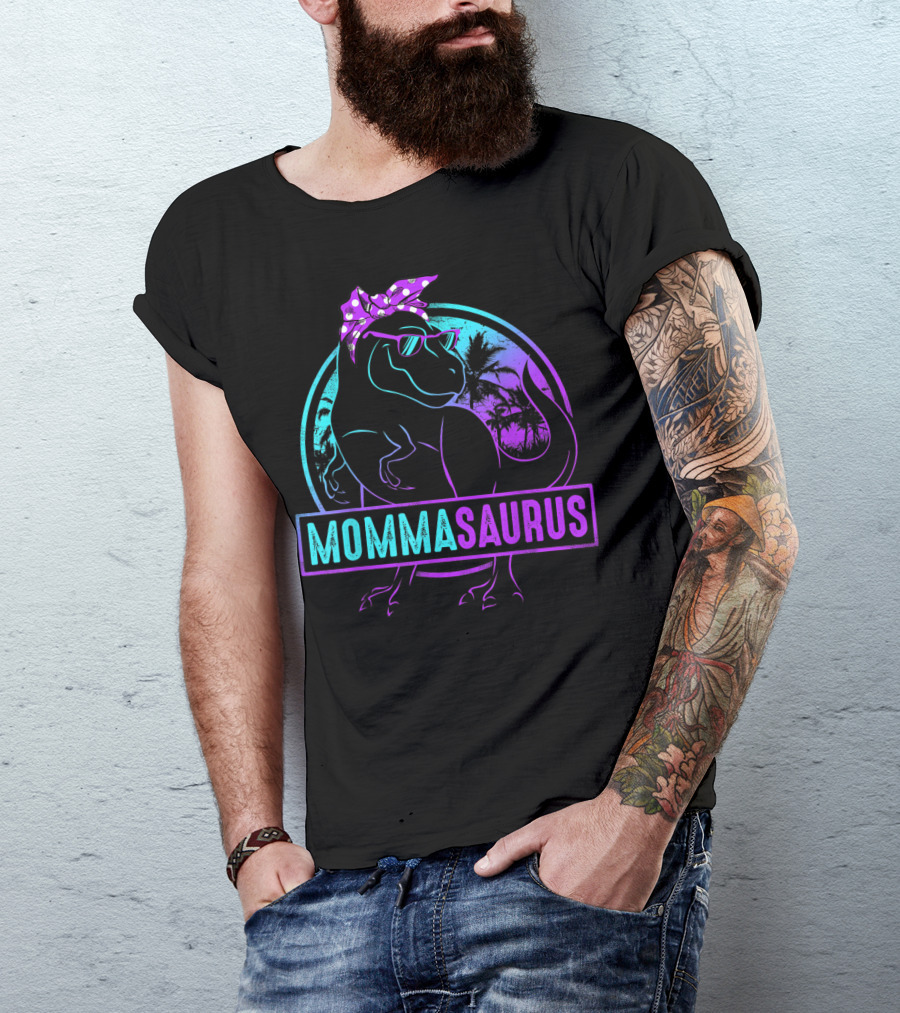 Mommasaurus Dinosaur With Bandana Sunglasses And Tropical Background T-Shirt