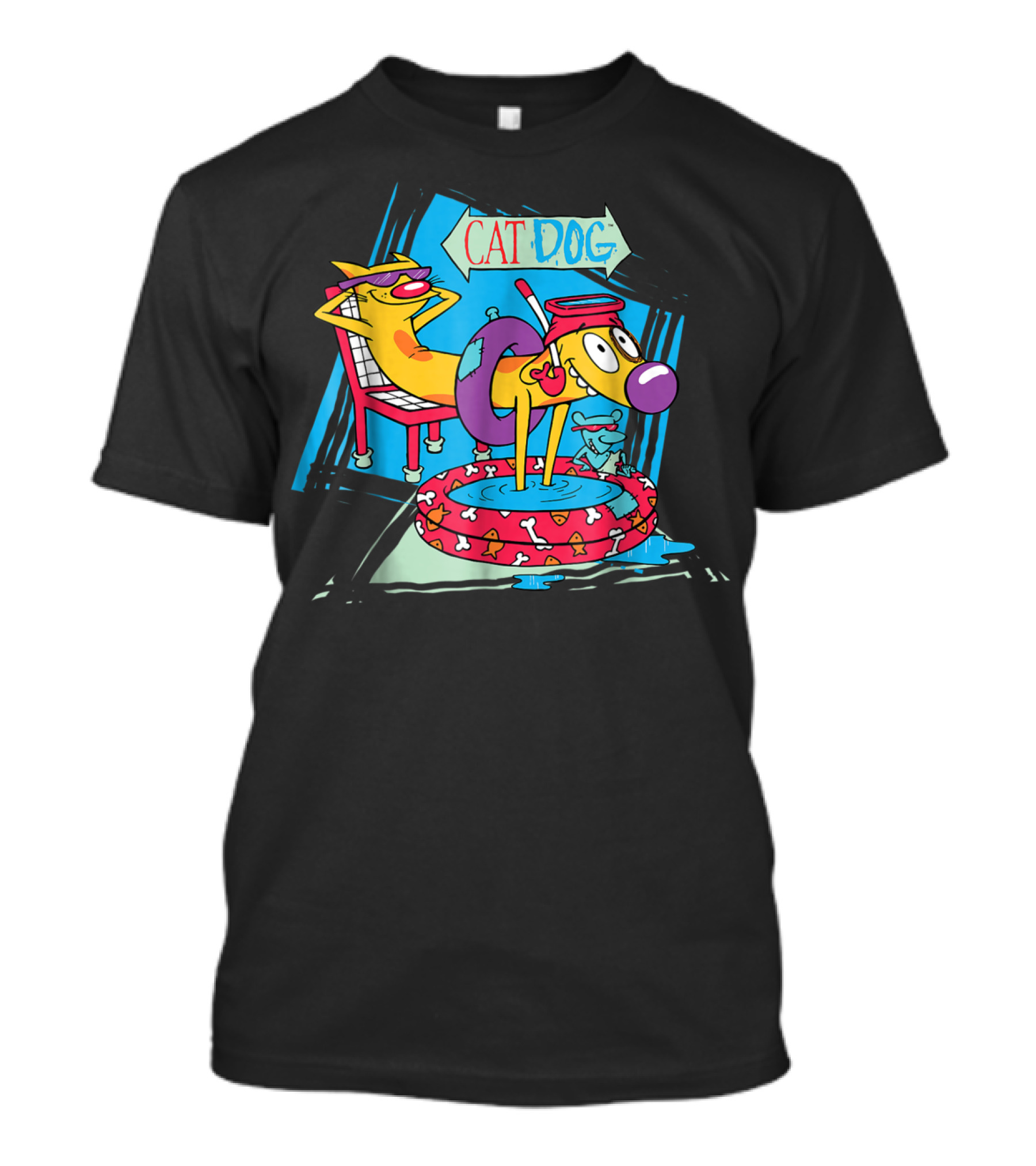 Nickelodeon CatDog Relaxing In Kiddie Pool With Inner Tube And Sign T-Shirt