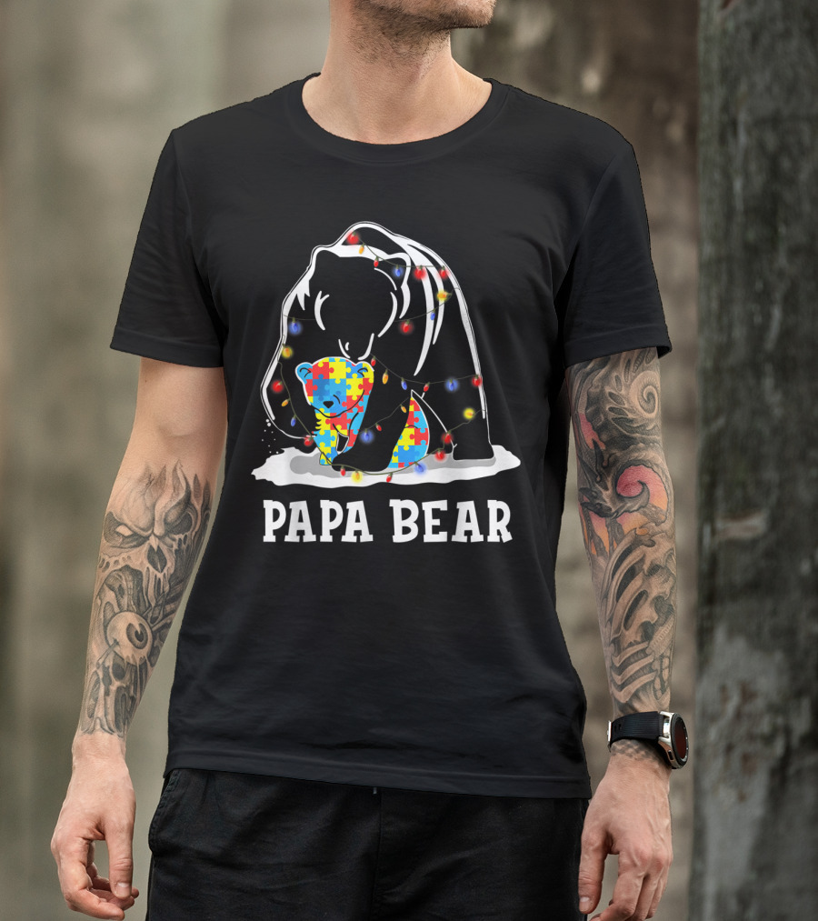 Papa Bear Autism Awareness Puzzle Piece Lights T-Shirt