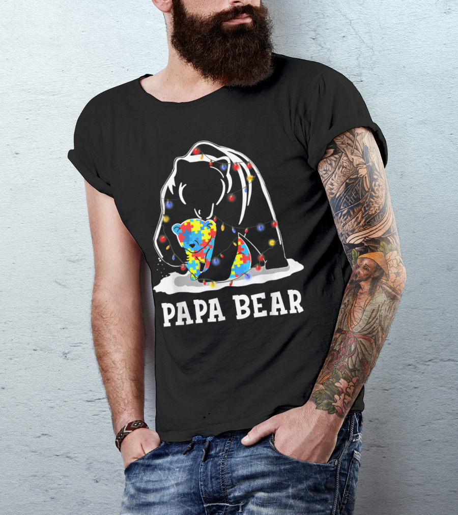 Papa Bear Autism Awareness Puzzle Piece Lights T-Shirt
