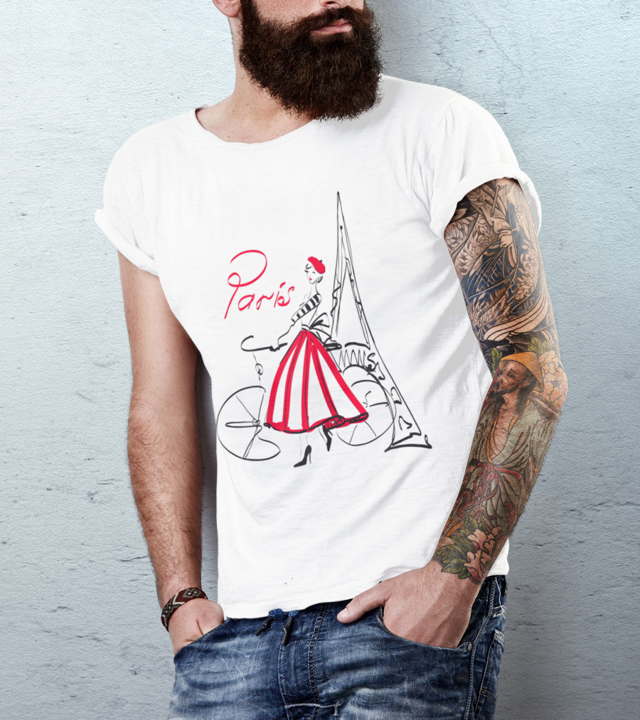 Paris Bicycle Woman With Eiffel Tower In Red Dress T-Shirt