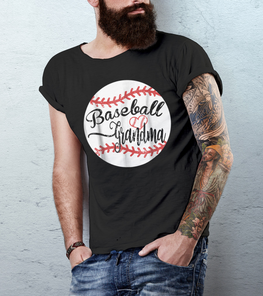 Baseball Grandma With Heart Stitching Baseball T-Shirt