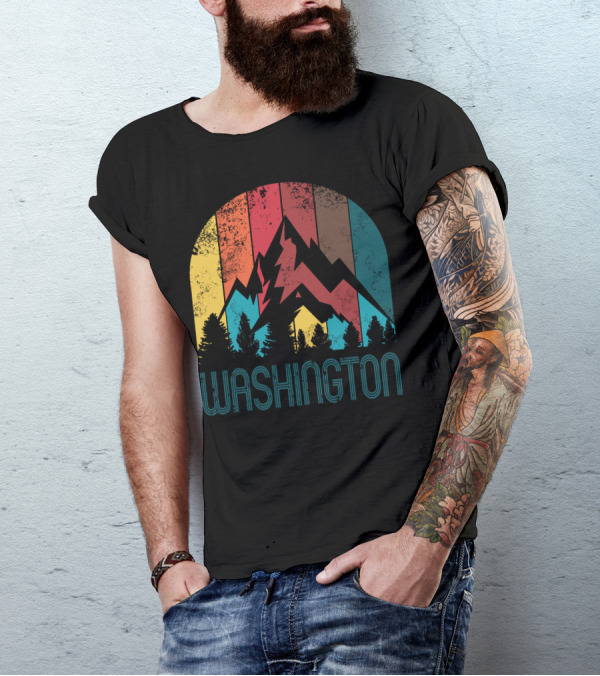 Washington Retro Mountain Landscape Forest Silhouette Vintage Multicolor Stripes T-Shirt