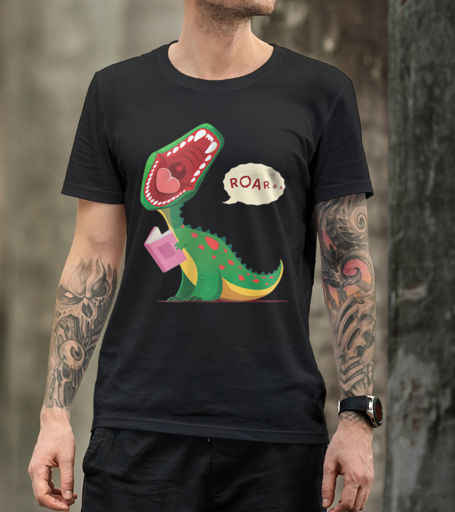 Roar Trex Dinosaur Holding Pink Book And Heart Inside Mouth T-Shirt