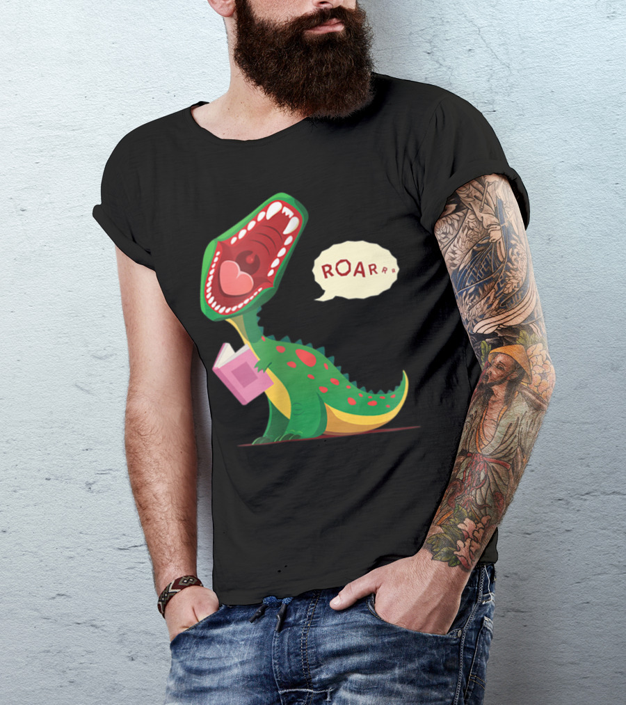 Roar Trex Dinosaur Holding Pink Book And Heart Inside Mouth T-Shirt