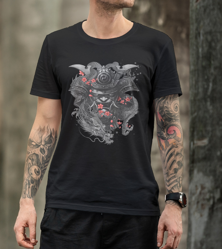 Samurai Warrior Dragon Cherry Blossoms Japanese Bushido Knight T-Shirt