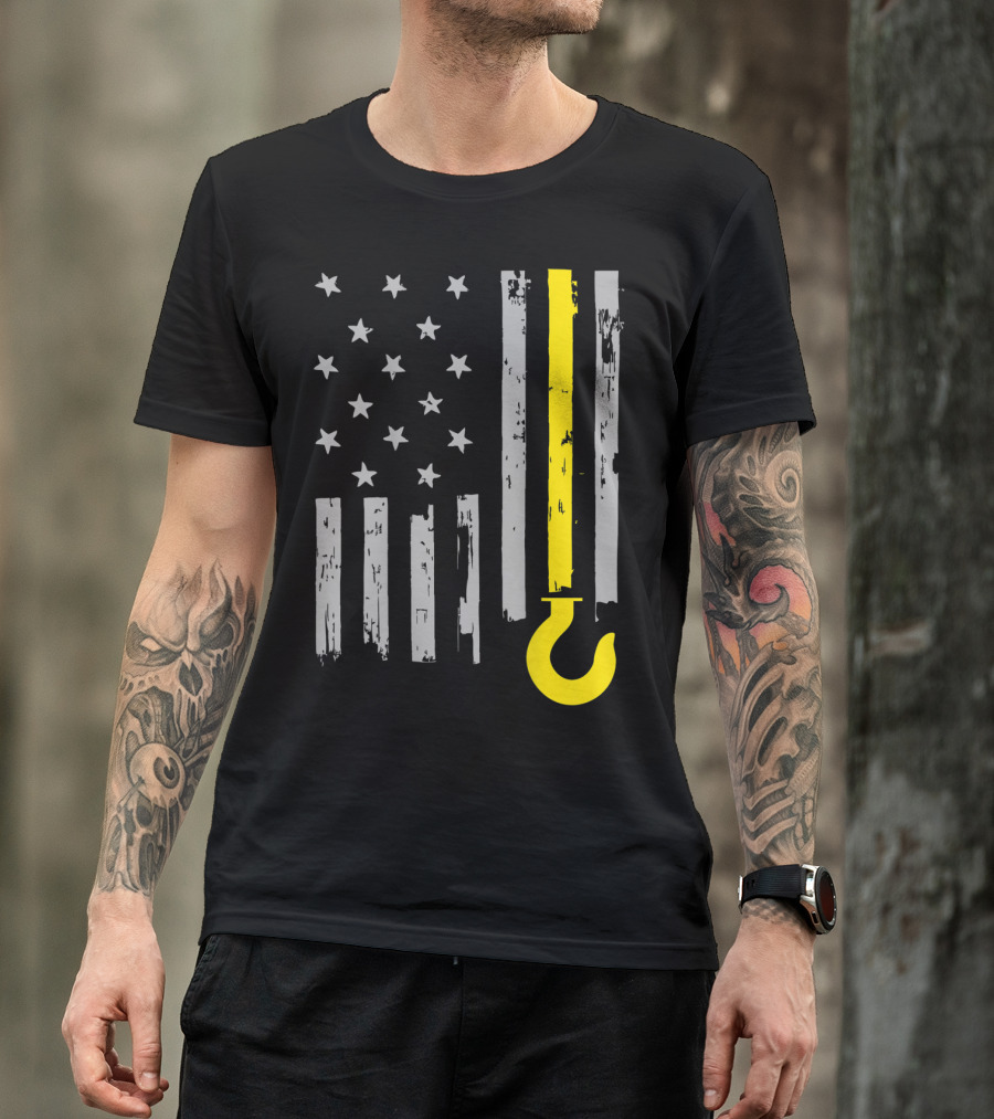 Tow Truck Driver American Flag Yellow Line Hook T-Shirt
