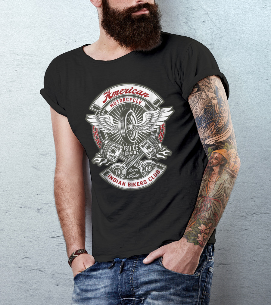 American Motorcycle Indian Bikers Club 1811 CC Engine Born To Ride 1969 T-Shirt