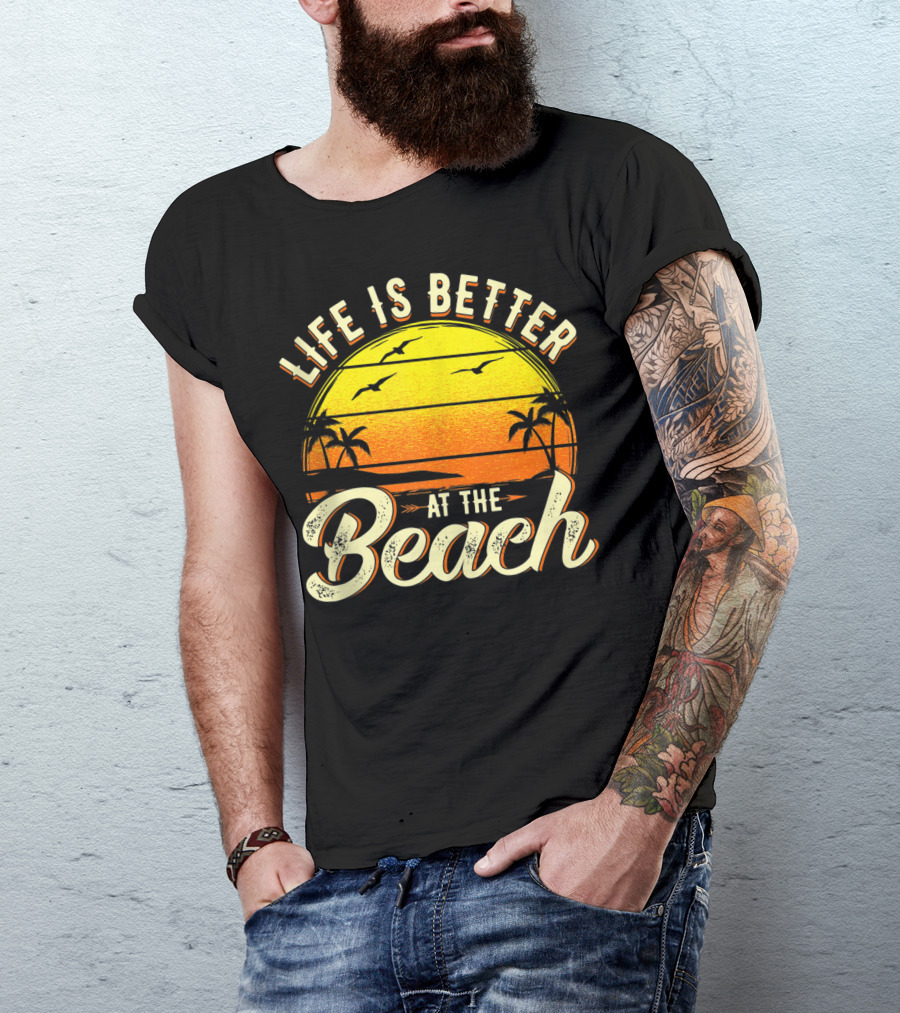 Life Is Better At The Beach Tropical Sunset With Palm Trees And Seagulls T-Shirt