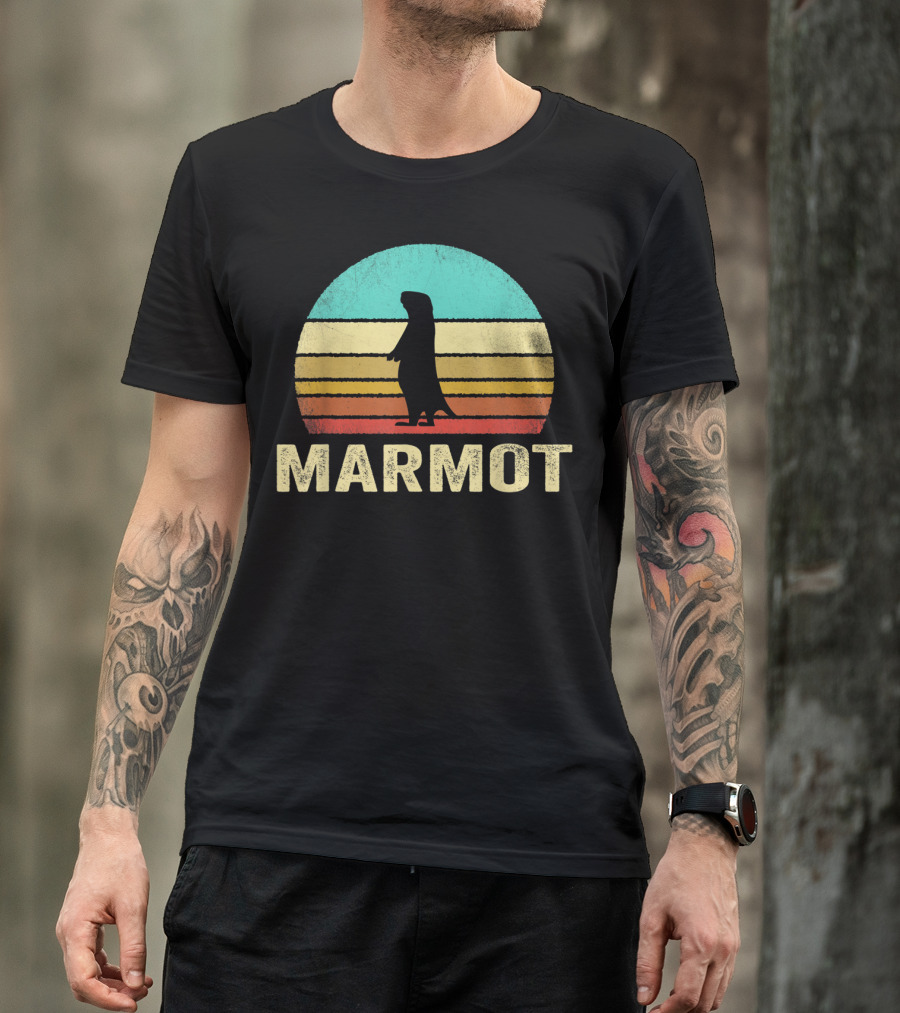 Retro Marmot Silhouette Sunset Stripes T-Shirt