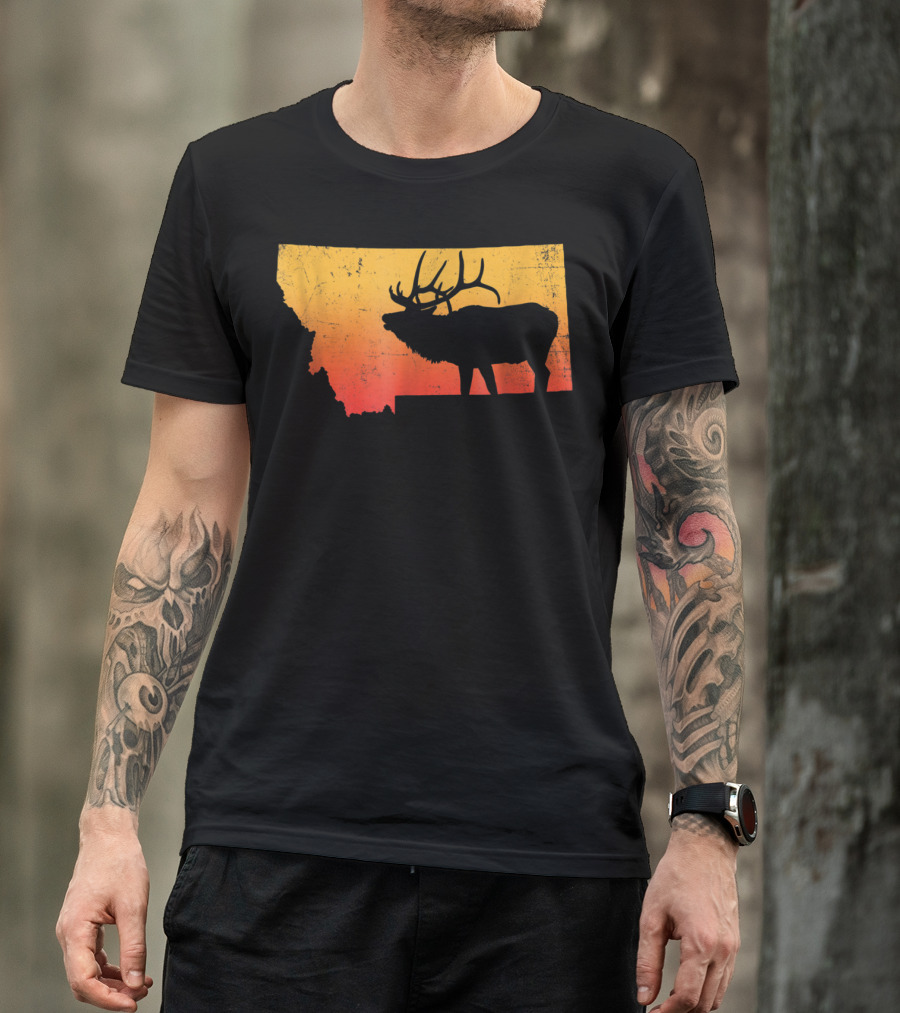 Montana Elk Silhouette Vintage Outdoors Sunset Scene T-Shirt