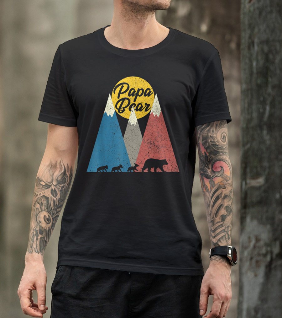 Papa Bear Three Cubs Mountains Retro Triplet Dad T-Shirt