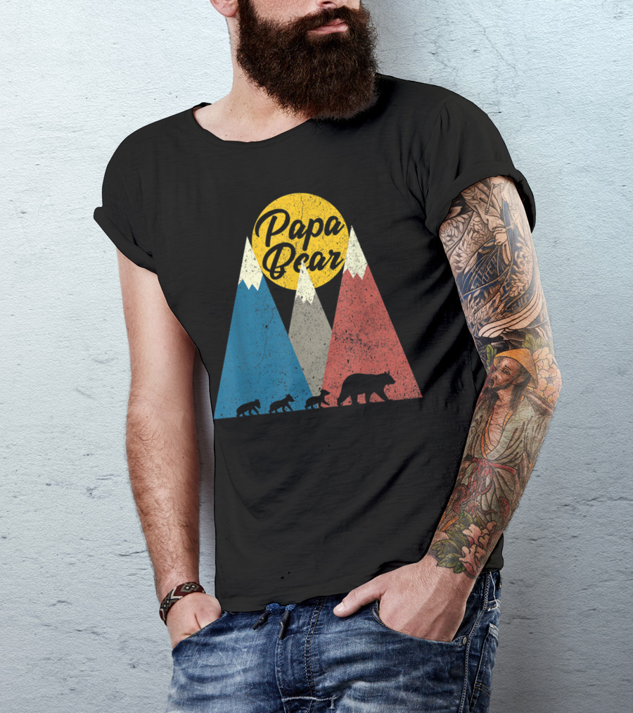 Papa Bear Three Cubs Mountains Retro Triplet Dad T-Shirt