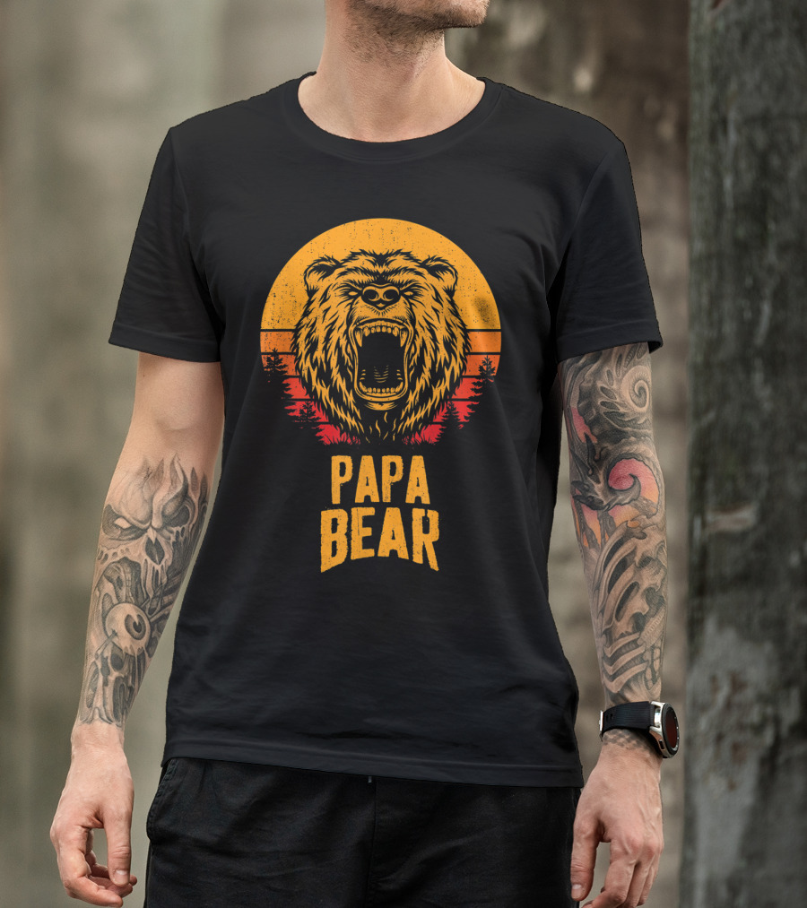Papa Bear Father's Day Sunset Roaring Bear Forest Scene T-Shirt