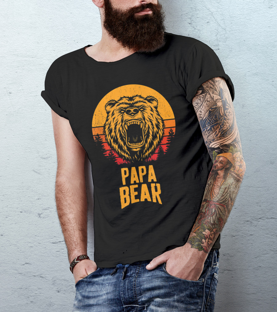 Papa Bear Father's Day Sunset Roaring Bear Forest Scene T-Shirt